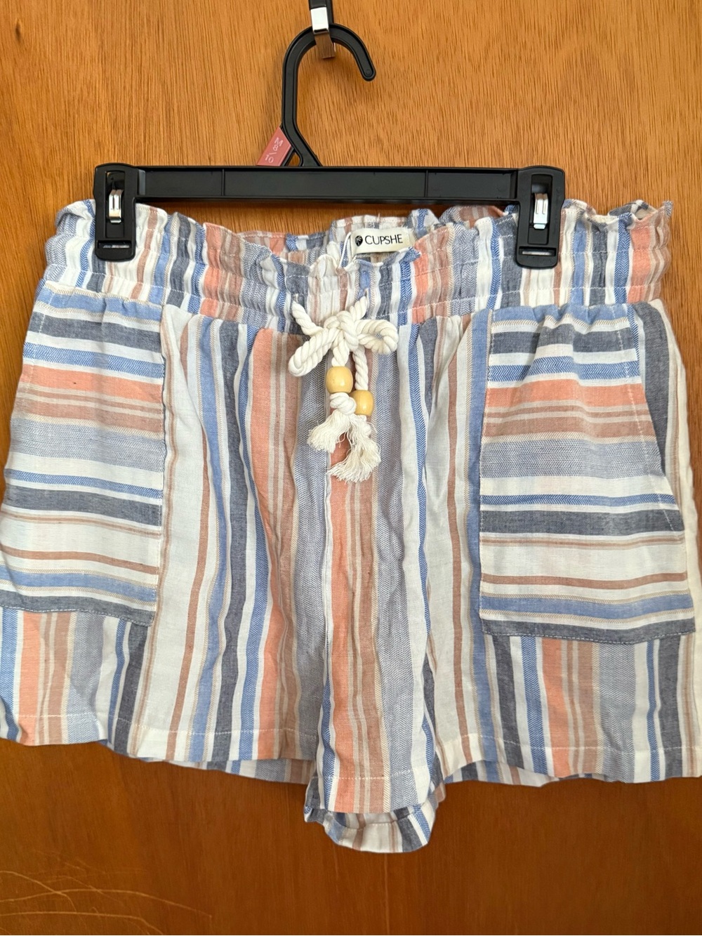 Cupshe Blue, White & Coral Striped Drawstring Linen-Blend Shorts